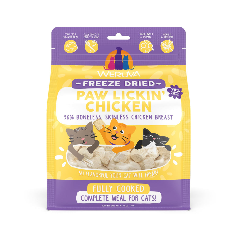 Weruva Paw Lickin' Chicken cubes in bag for easy feeding and protein-rich nutrition.