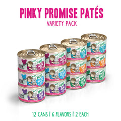 Weruva Pinky Promise Pates six-recipe variety for feline flavor exploration.