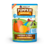 Weruva Pumpkin Patch Up! pouch beside dog bowl for digestive support.