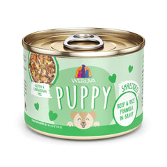 Weruva Puppy Beef and Rice in Gravy 6oz can front view, protein-packed for puppies.