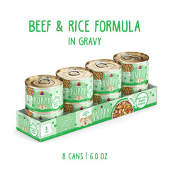 Weruva Puppy Beef and Rice in Gravy close-up, savory gravy enhances mealtime appeal.