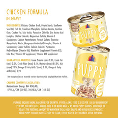 Gravy texture and chicken chunks from Weruva Puppy in Gravy enhance palatability