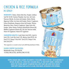 Close-up of chicken and rice texture from Weruva Puppy in Gravy, highlighting protein-rich meals.