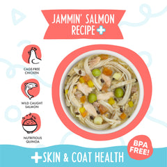 Salmon-chicken-pumpkin-soup image highlights balanced protein and produce in Weruva.