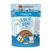 Weruva Slide N' Serve Paté chicken dinner pouch shows creamy texture for easy feeding.
