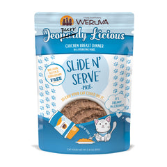 Weruva Slide N' Serve Paté chicken dinner pouch shows creamy texture for easy feeding.