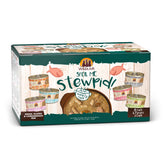 Weruva Spoil Me Stewpid Variety Pack cans displayed, hydrating salmon stews for happy cats.