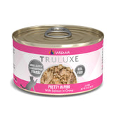 Weruva TruLuxe Pretty in Pink salmon in gravy 3oz can showing omega-3 benefits for coat shine