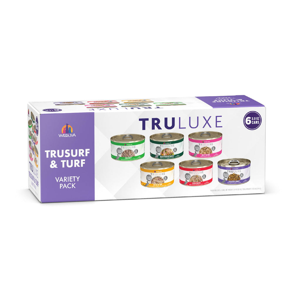 Weruva TruLuxe TruSurf and Turf cans on shelf highlight premium protein variety for discerning cats