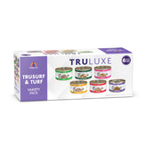 Weruva TruLuxe TruSurf and Turf cans on shelf highlight premium protein variety for discerning cats