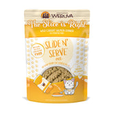 Weruva The Slice is Right salmon pate slide-serve pouch close-up shows easy serving for cats.