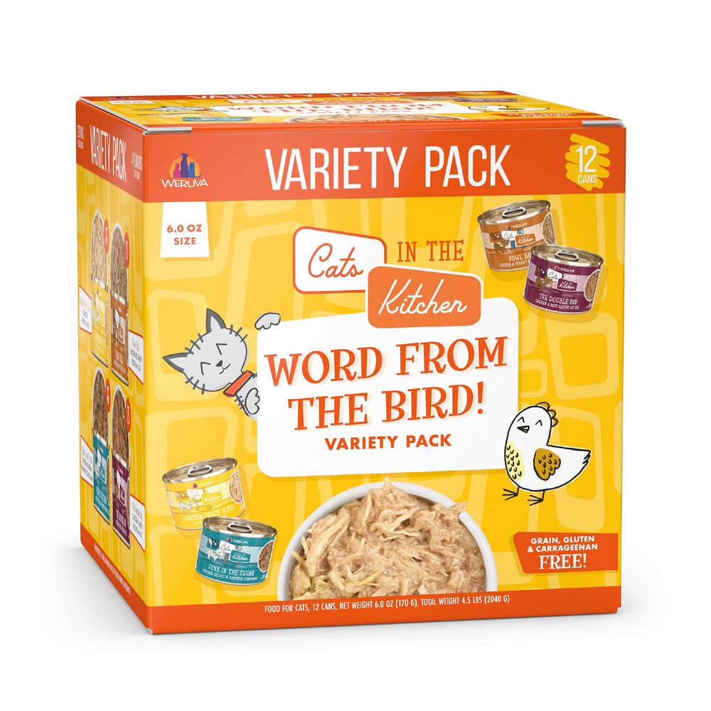 Weruva Word From The Bird Variety Pack cans on display for variety-loving cats.