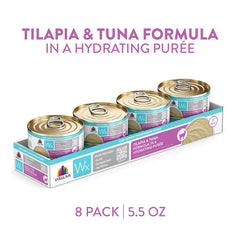 Weruva Wx Phos Focused tilapia-tuna puree can side view, convenient serving option