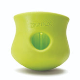 West Paw Toppl treat-dispensing toy demonstrates puzzle play that slows feeding and rewards exploration.
