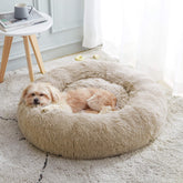 Western Home WH calming donut bed fabric close-up showcases plush faux fur for cozy naps.