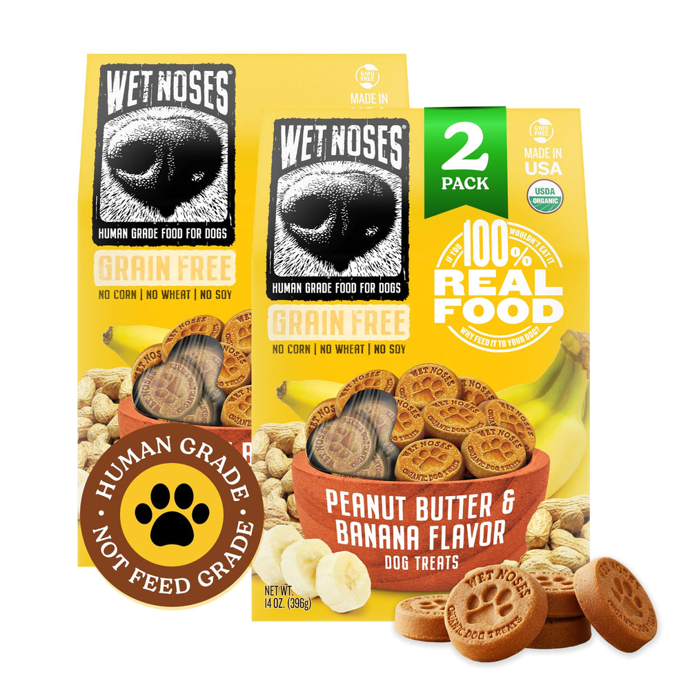 Wet Noses Organic Crunchy Treats pack front shows grain-free formula for all dogs