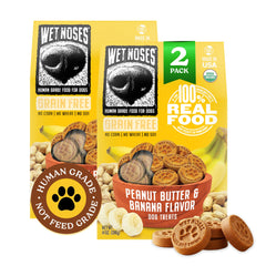 Wet Noses Organic Crunchy Treats pack front shows grain-free formula for all dogs