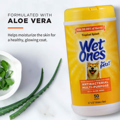 Wet Ones for Pets pop-up canister with one-at-a-time wipes for convenient quick cleanups.