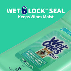 All-over coat grooming between baths with Wet Ones Pets Wipes.