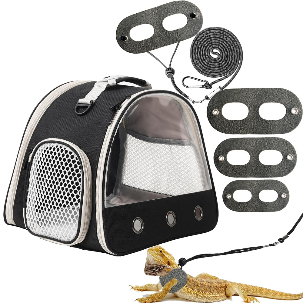 WEVONIGU Leopard Gecko carrier with leather harness for secure outdoor transport.