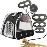 WEVONIGU Leopard Gecko carrier with leather harness for secure outdoor transport.