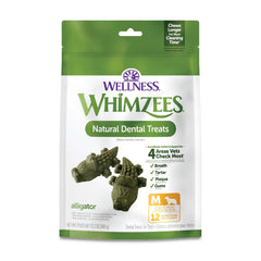 Whimzees Alligator dental chew close-up showing texture for plaque control and gums.