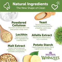 Whimzees Alligator dental chew pack highlighting natural ingredients and no artificial colors.