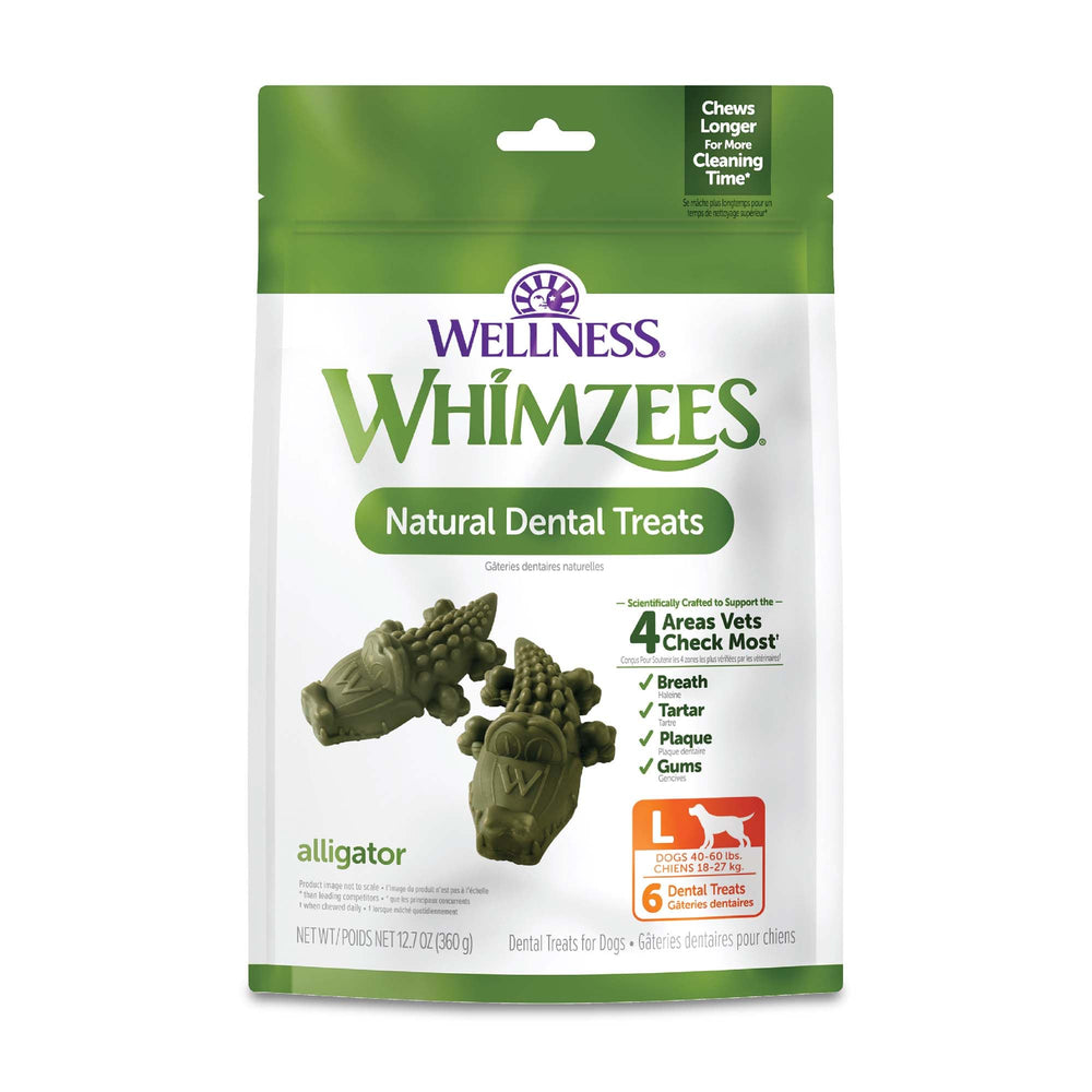 Whimzees Wellness Alligator dental chew promotes cleaner teeth through daily use.