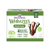 Whimzees Wellness Bowl Boosters packaging highlights natural ingredients for healthy chew time.