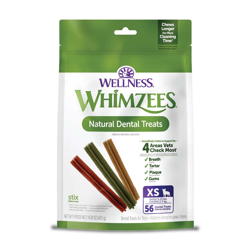 Whimzees Wellness Stix packaging showing a 56-count bag for daily dental care.