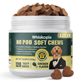 Whiskopia No Poo Chews bottle showing a tasty deterrent for stool eating.