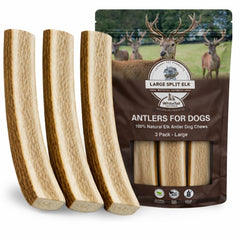 WhiteTail Naturals split elk antlers 3-pack packaging for large dogs, durable chews.