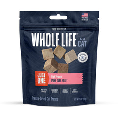 Whole Life Cat Just One Tuna Treats pack shows premium single-ingredient protein.