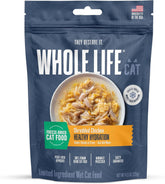 Whole Life Pet Freeze Dried Cat Food packaging on a kitchen counter, easy hydration-ready toppers.