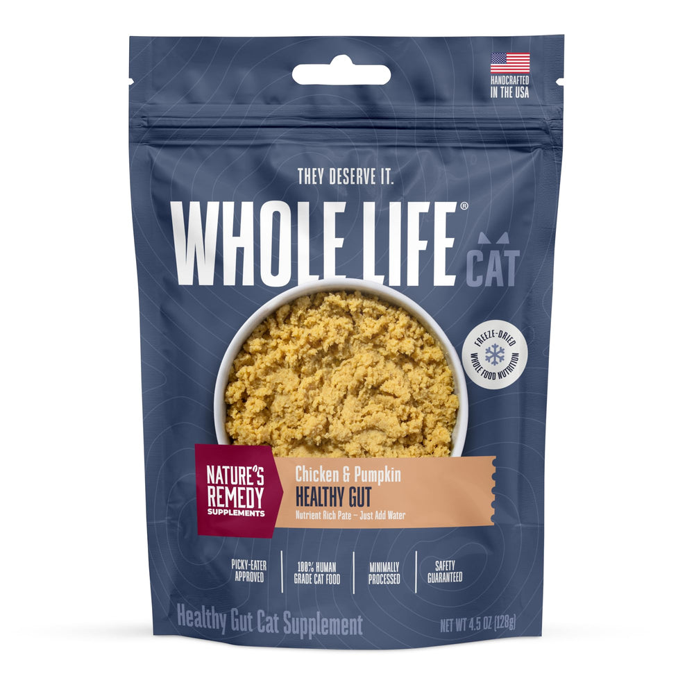 Whole Life Pet Healthy Gut daily supplement bottle pouring, supports feline digestion and gut balance.