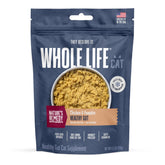 Whole Life Pet Healthy Gut daily supplement bottle pouring, supports feline digestion and gut balance.