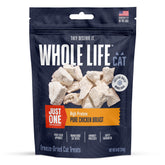 Whole Life Pet Just One Chicken cat treats bottle close-up, protein-rich snack.