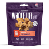 Whole Life Pet Just One Salmon freeze-dried treats packaging shows USA-made quality for dogs