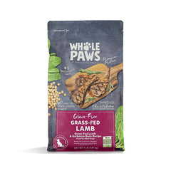 Whole Paws grass-fed lamb garbanzo kibble close-up, grain-free nutrition for digestion.