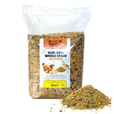 Wholesome Harvest All Flock Feed bag-front view highlights whole grain nutrition for poultry.