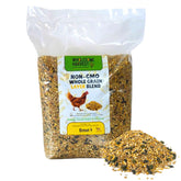 Wholesome Harvest layer blend bag closeup highlighting non-GMO formula for yolk quality.
