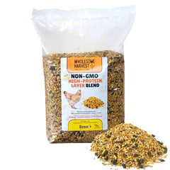 Wholesome Harvest non-GMO layer blend in bag supports steady egg-laying