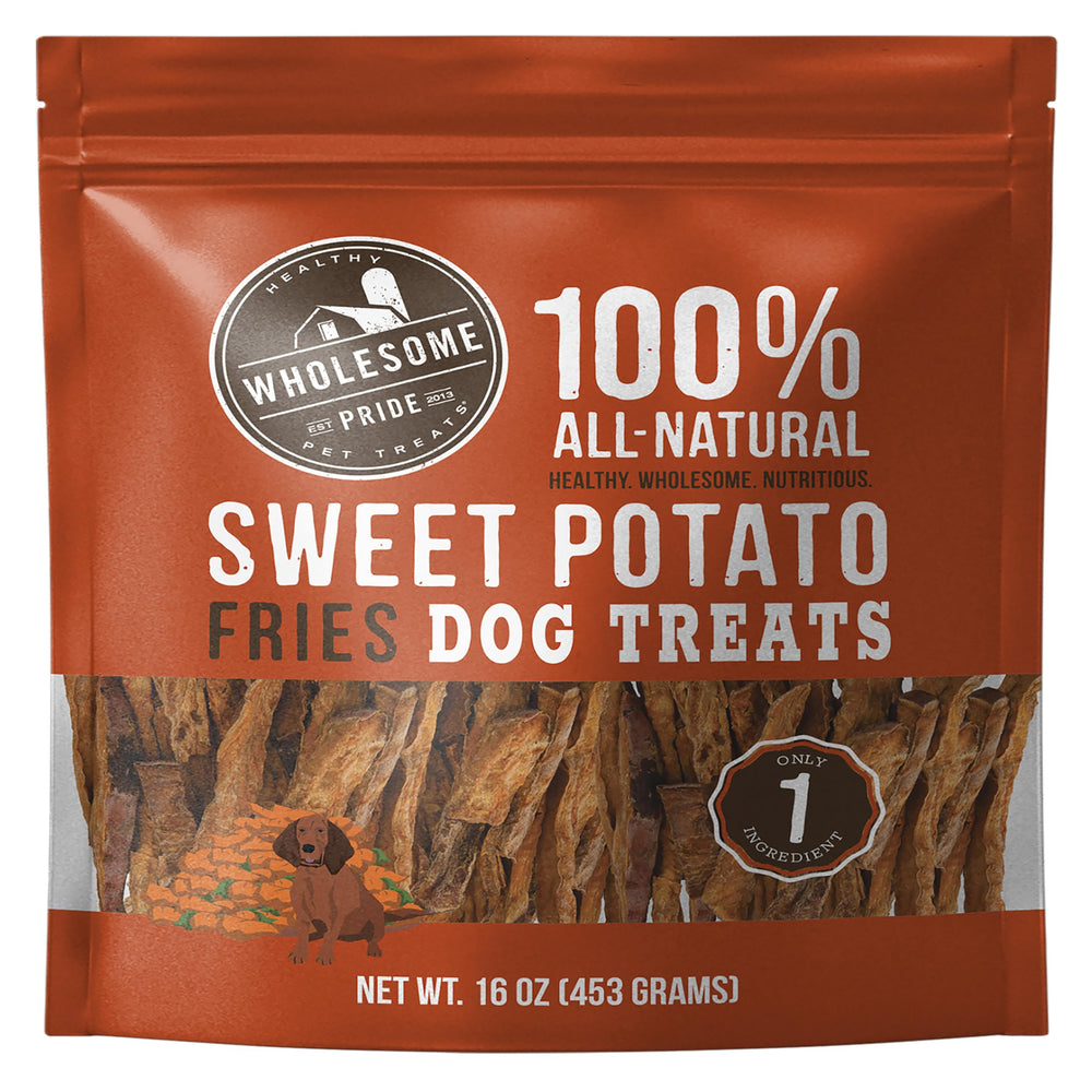 Wholesome Pride sweet potato fries packaging, simple single-ingredient dog treat for training rewards
