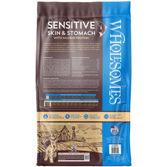 Wholesomes salmon protein kibble closeup supports gentle digestion.