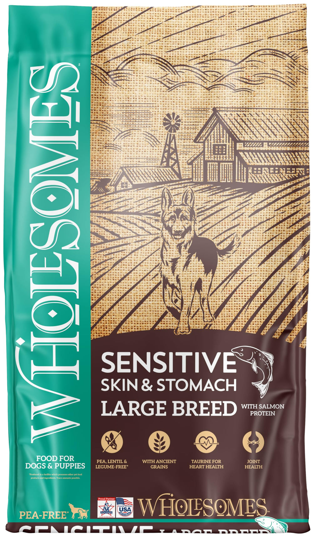 Wholesomes bag-front view signaling large-breed formula for sensitive digestion.