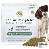 Wholistic Pet Organics Canine Complete bottle pour shows easy dosing and nutrition