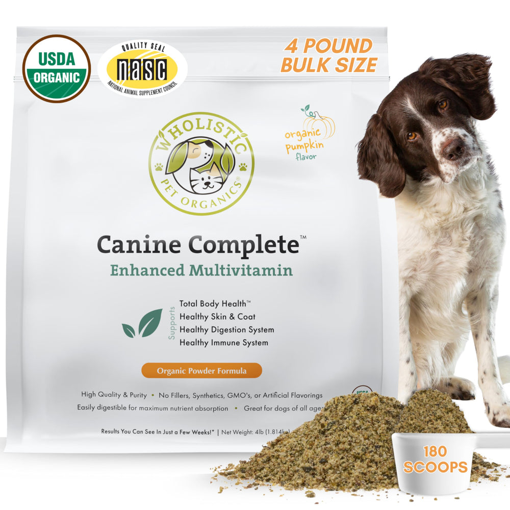 Wholistic Pet Organics Canine Complete bottle pour for simple daily supplementation