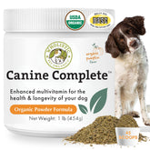 Wholistic Pet Organics Canine Complete bottle pour shows easy daily dosing for busy owners