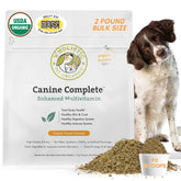 Wholistic Pet Organics Canine Complete bottle shows all-in-one daily vitamins for all breeds