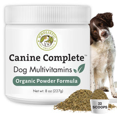 Wholistic Pet Organics Canine Complete tub: daily vitamins for balanced nutrition.